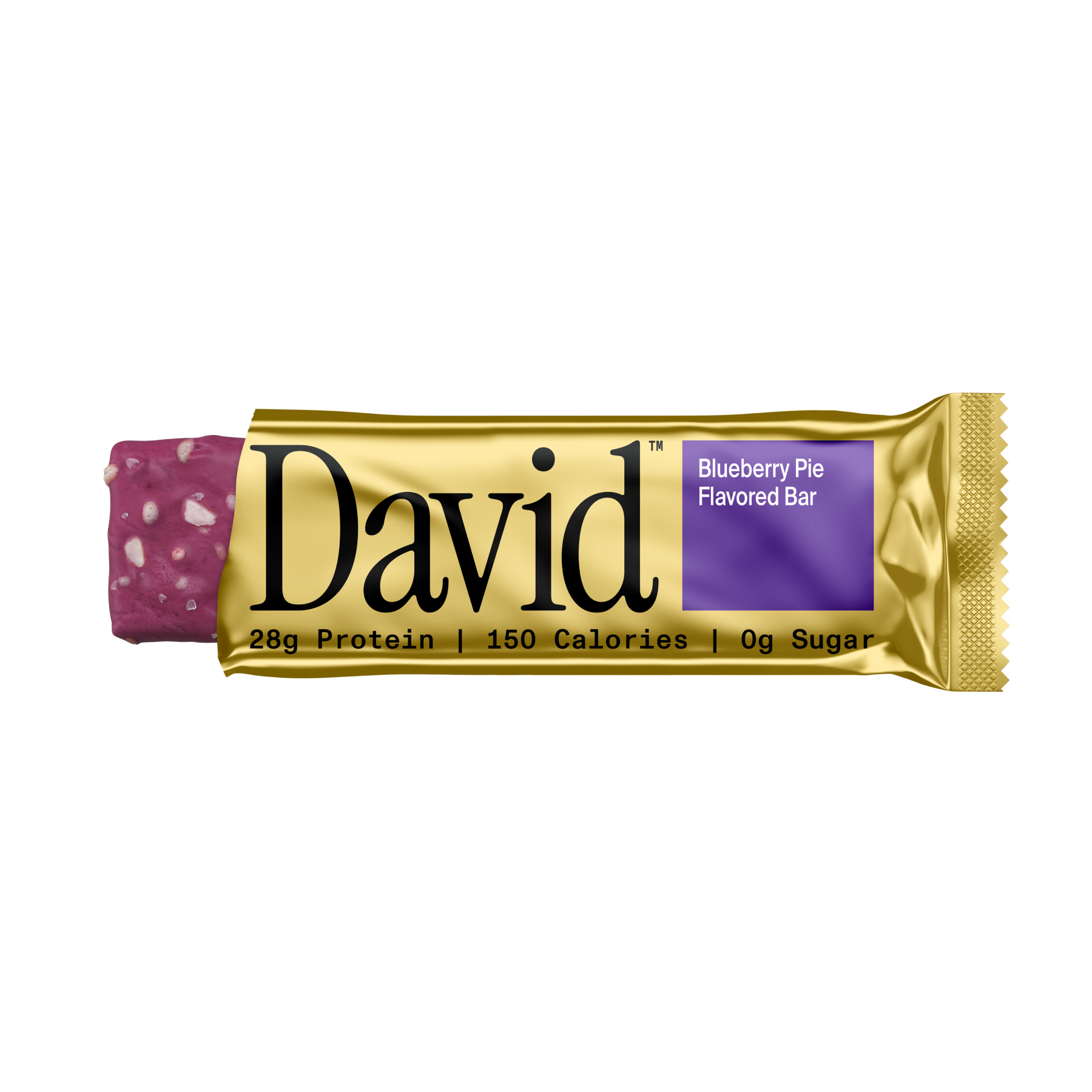 David Blueberry Pie flavored protein bar on a black background