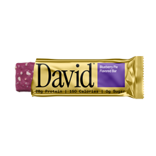David Blueberry Pie flavored protein bar on a black background