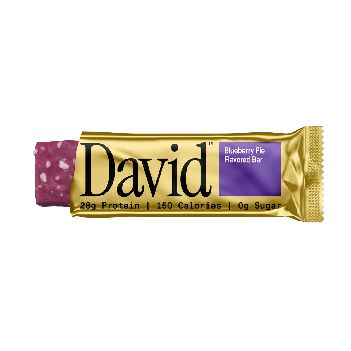 David Blueberry Pie flavored protein bar on a black background
