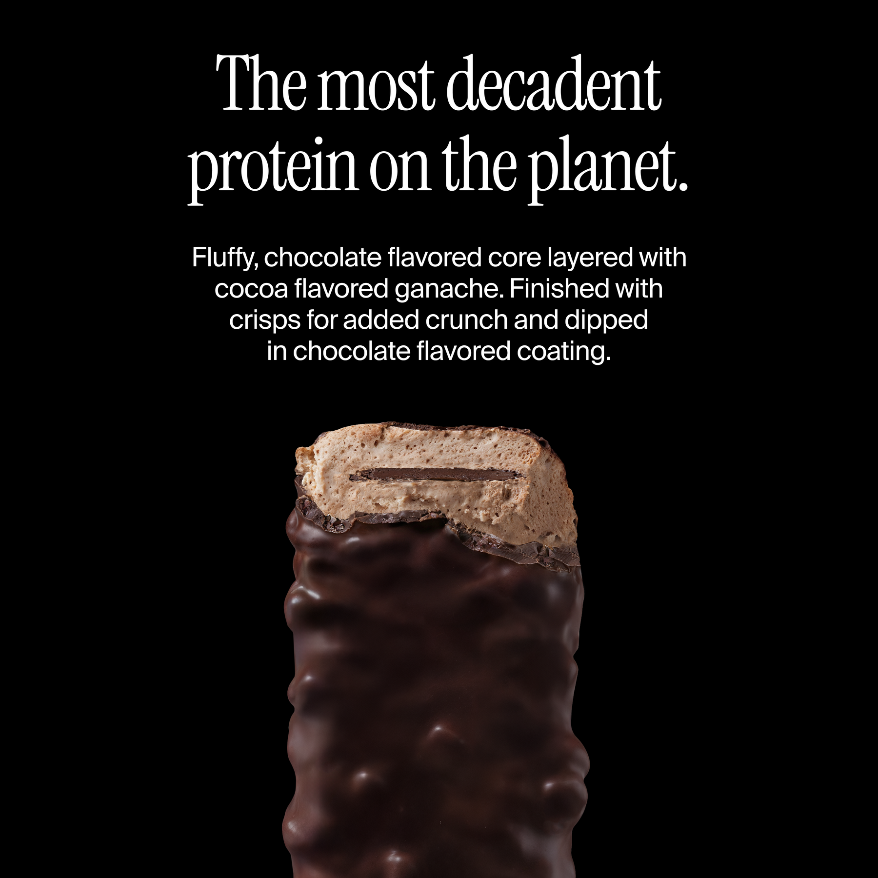 Cross-section of a David double chocolate flavored protein bar with a flavor description