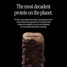 Cross-section of a David double chocolate flavored protein bar with a flavor description