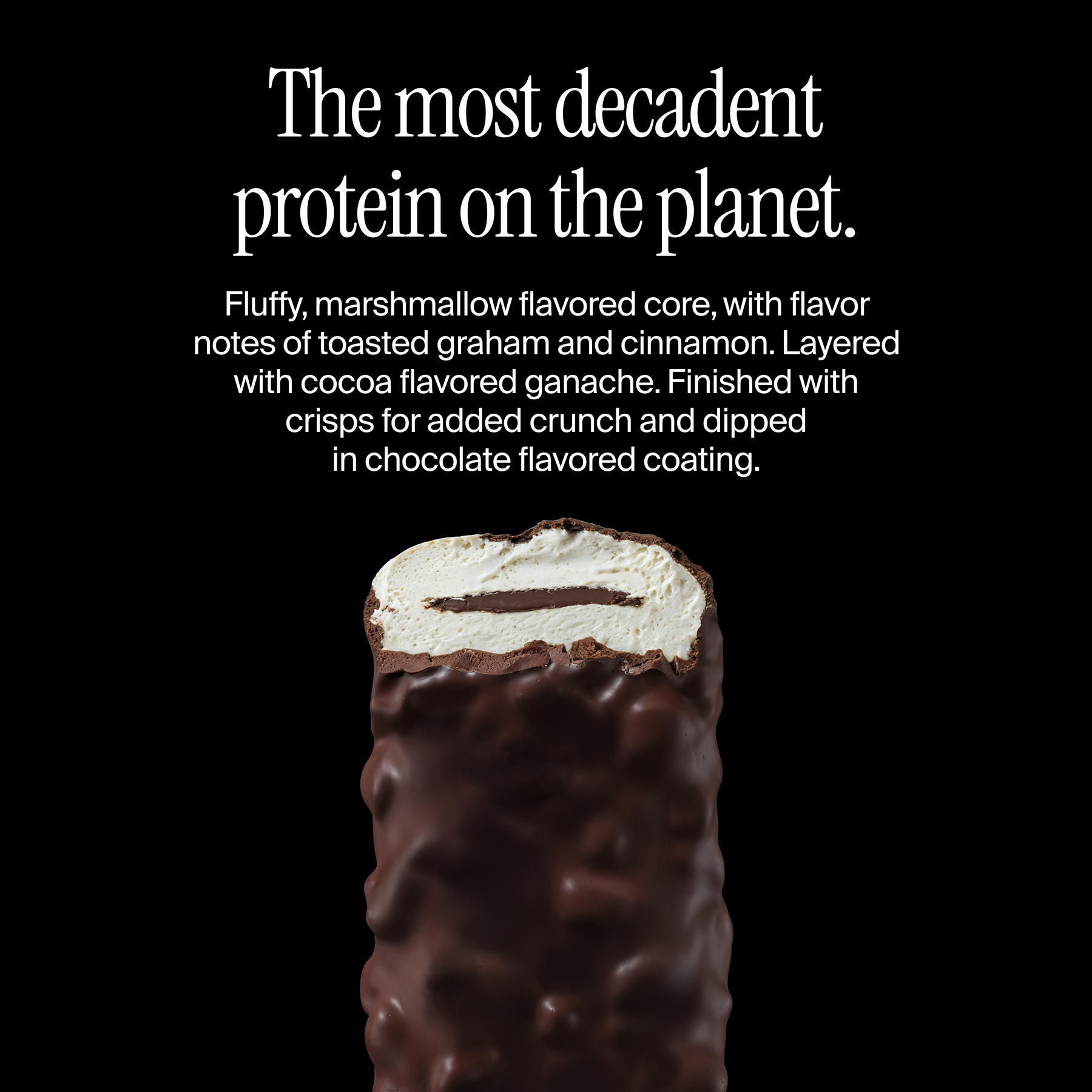 Cross-section of a David S'mores chocolate flavored protein bar with a flavor description