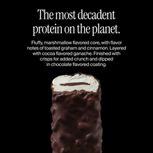 Cross-section of a David S'mores chocolate flavored protein bar with a flavor description