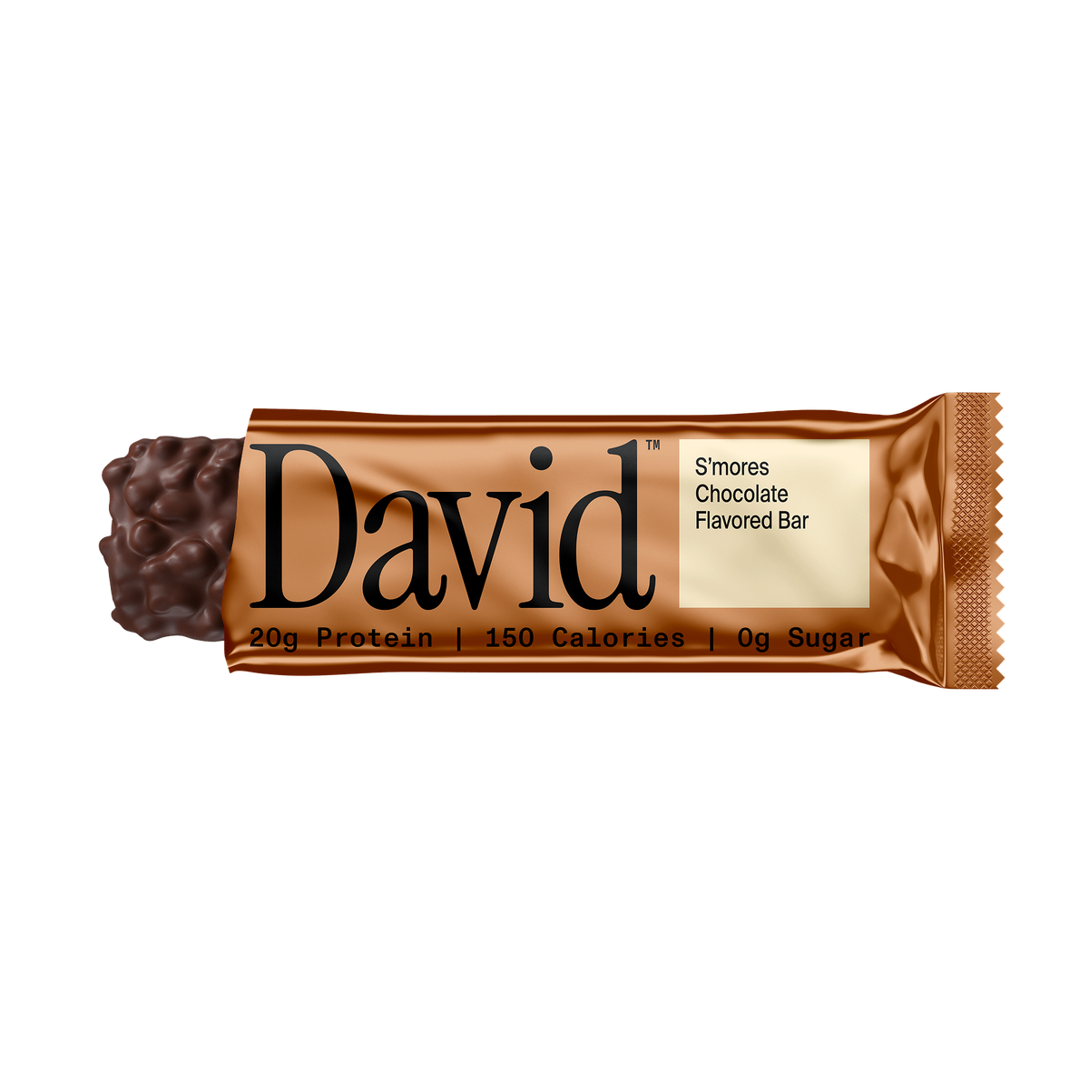 David S'mores Chocolate Flavored Protein Bar on a black background