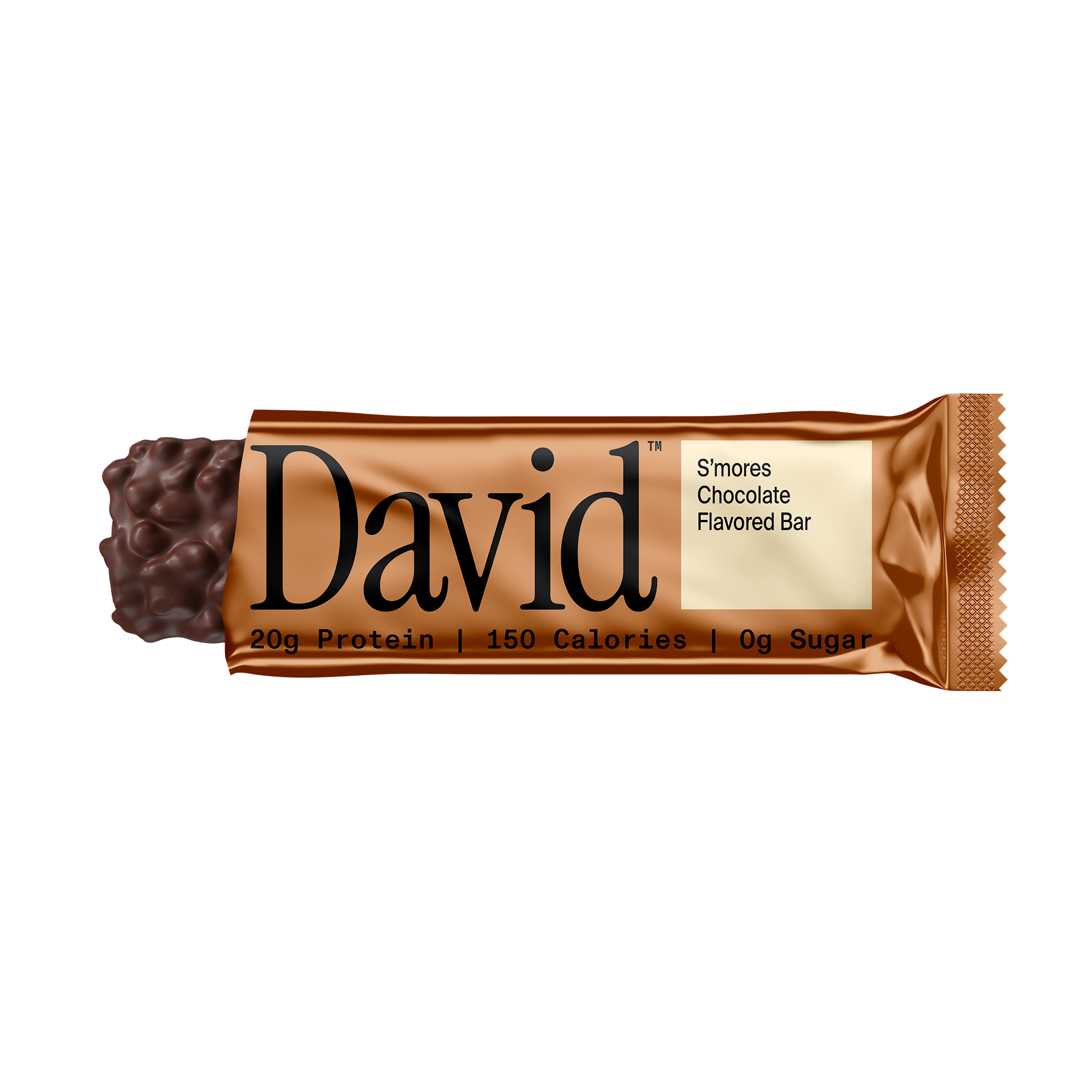 David S'mores Chocolate Flavored Protein Bar on a black background
