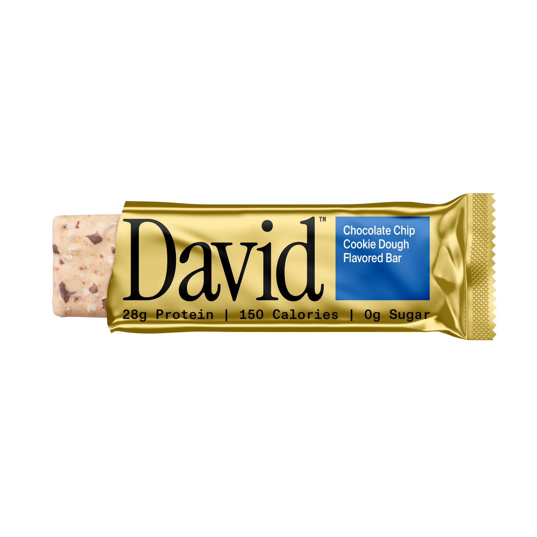 David chocolate chip cookie dough flavored protein bar on a black background