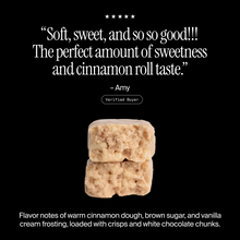 Cross-section of a David Cinnamon Roll flavored protein bar with a positive customer review and flavor description