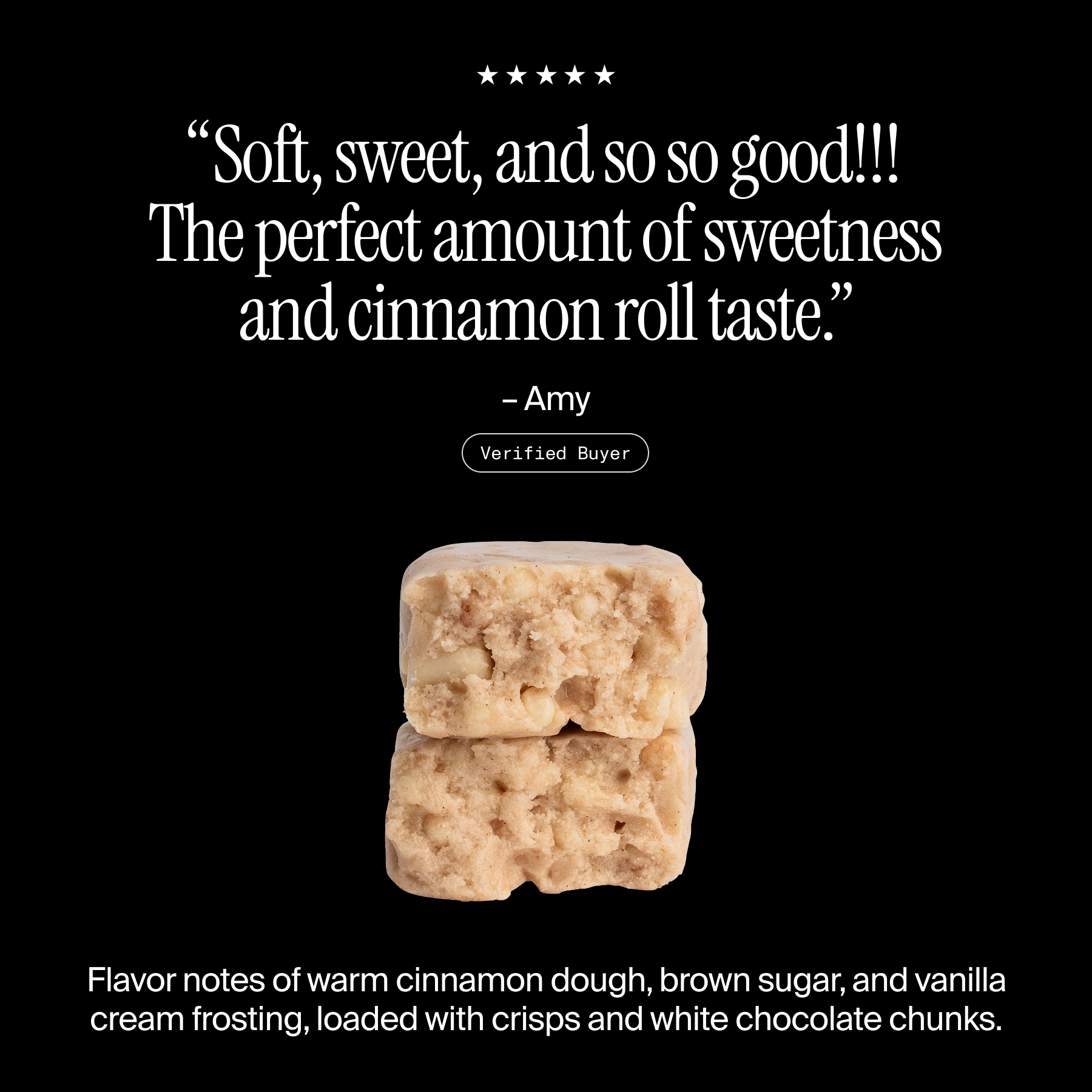 Cross-section of a David Cinnamon Roll flavored protein bar with a positive customer review and flavor description