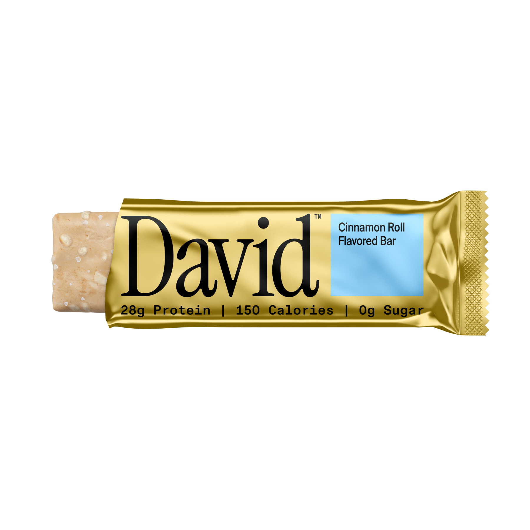 David protein bar with gold packaging on a black background
