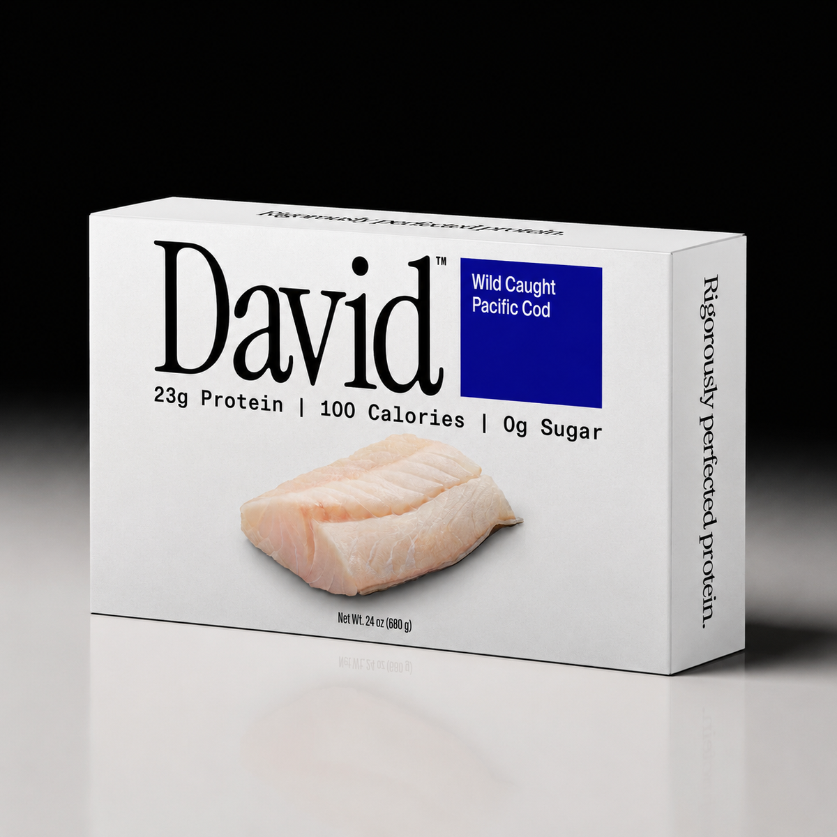Box of David wild caught Pacific Cod on a reflective surface