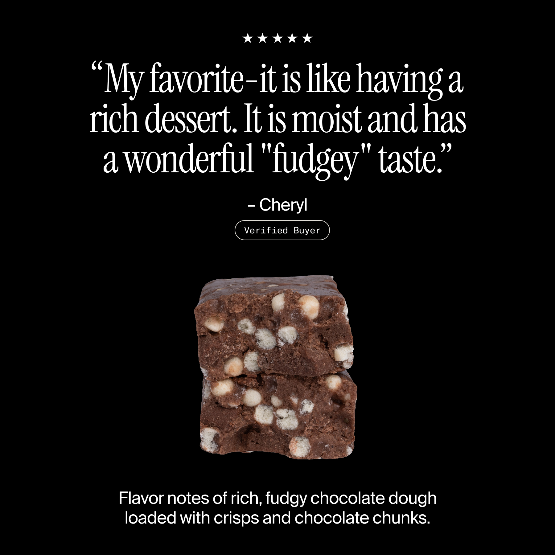 Cross-section of a David Fudge Brownie flavored protein bar with a positive customer review and flavor description
