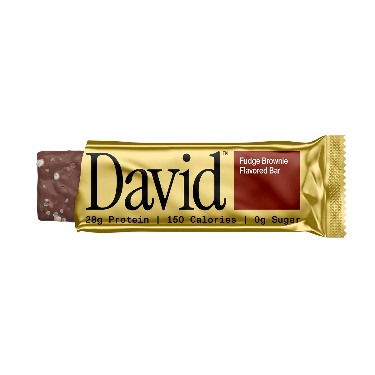 David Fudge Brownie flavored protein bar packaging on a black background