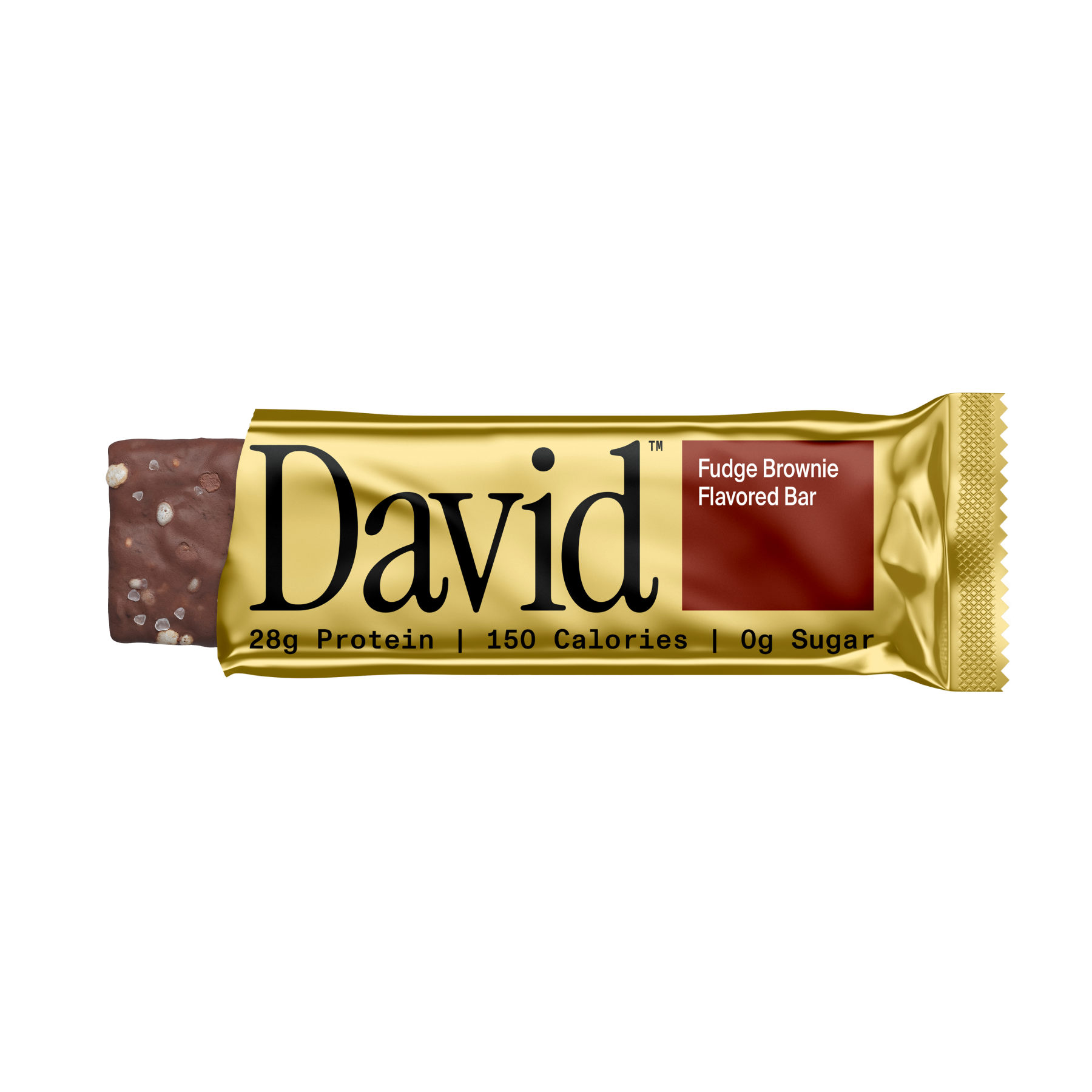 David Fudge Brownie flavored protein bar packaging on a black background