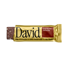 David Fudge Brownie flavored protein bar packaging on a black background