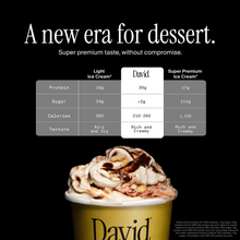 Promotional graphic for David ice cream with nutritional information and product details.