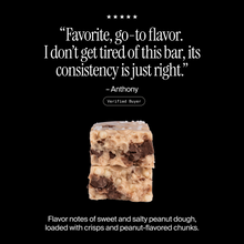 Cross-section of a David Peanut Butter Chocolate Chunk flavored protein bar with a positive customer review and flavor description