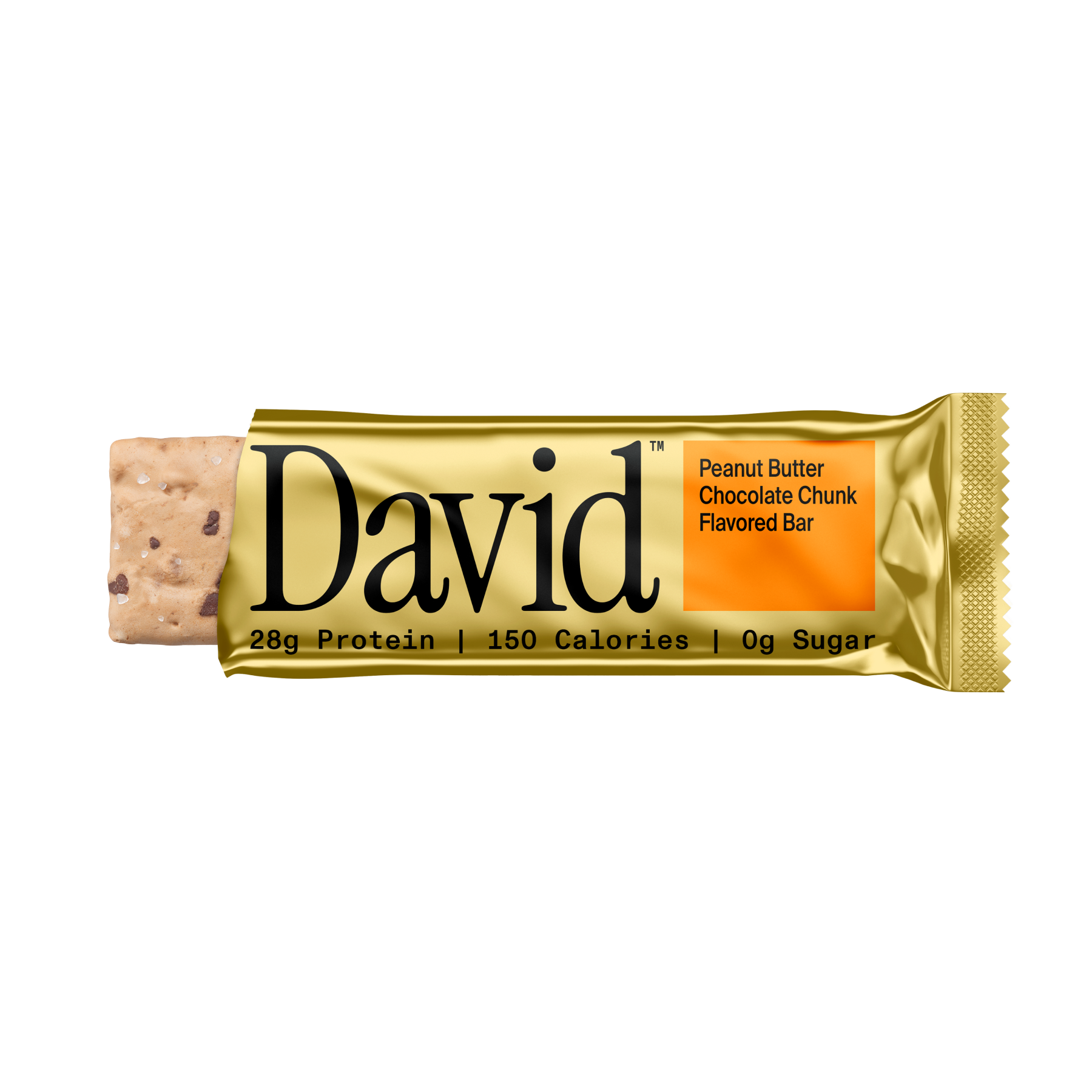 David Peanut Butter Chocolate Chunk flavored protein bar on a black background