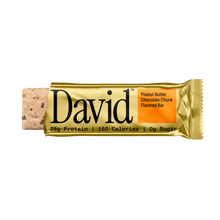 David Peanut Butter Chocolate Chunk flavored protein bar on a black background