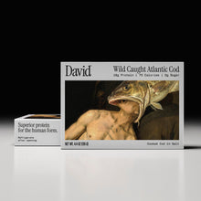 Box of David Wild Caught Atlantic Cod with a fish illustration on a black background