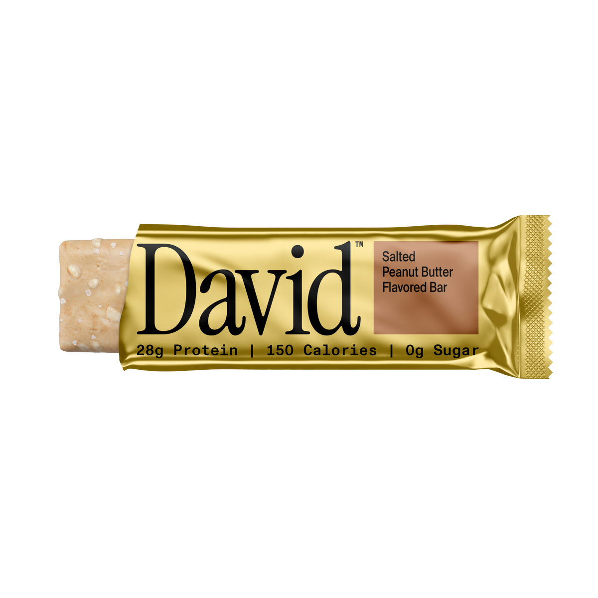 David protein bar with gold wrapper on a black background
