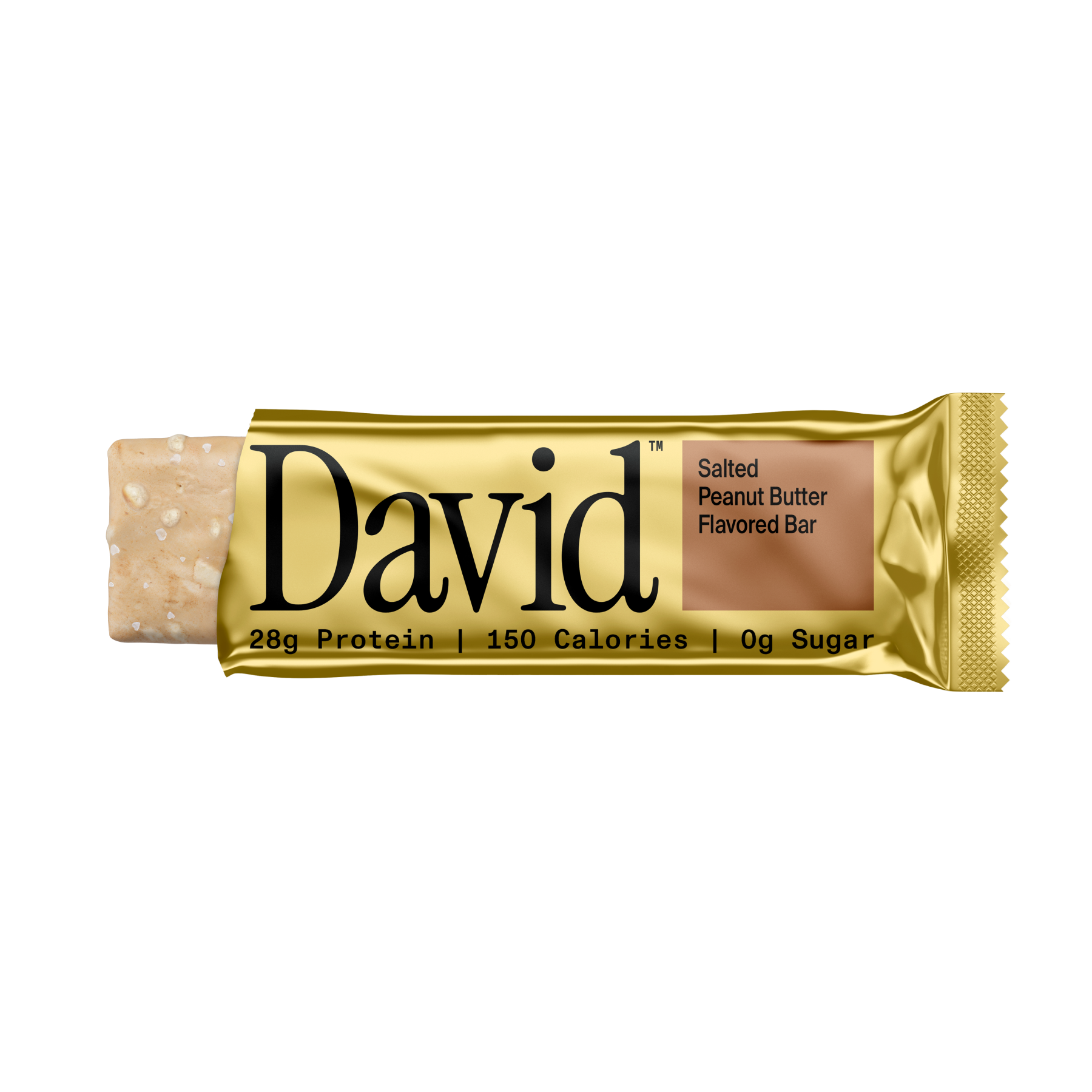 David protein bar with gold wrapper on a black background