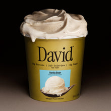 Vanilla bean frozen dessert pint with 'David' branding on a dark background